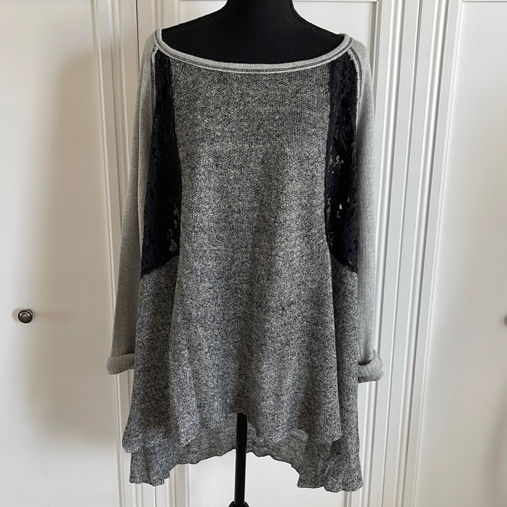 Free People oversized gray and black lace tunic sweater